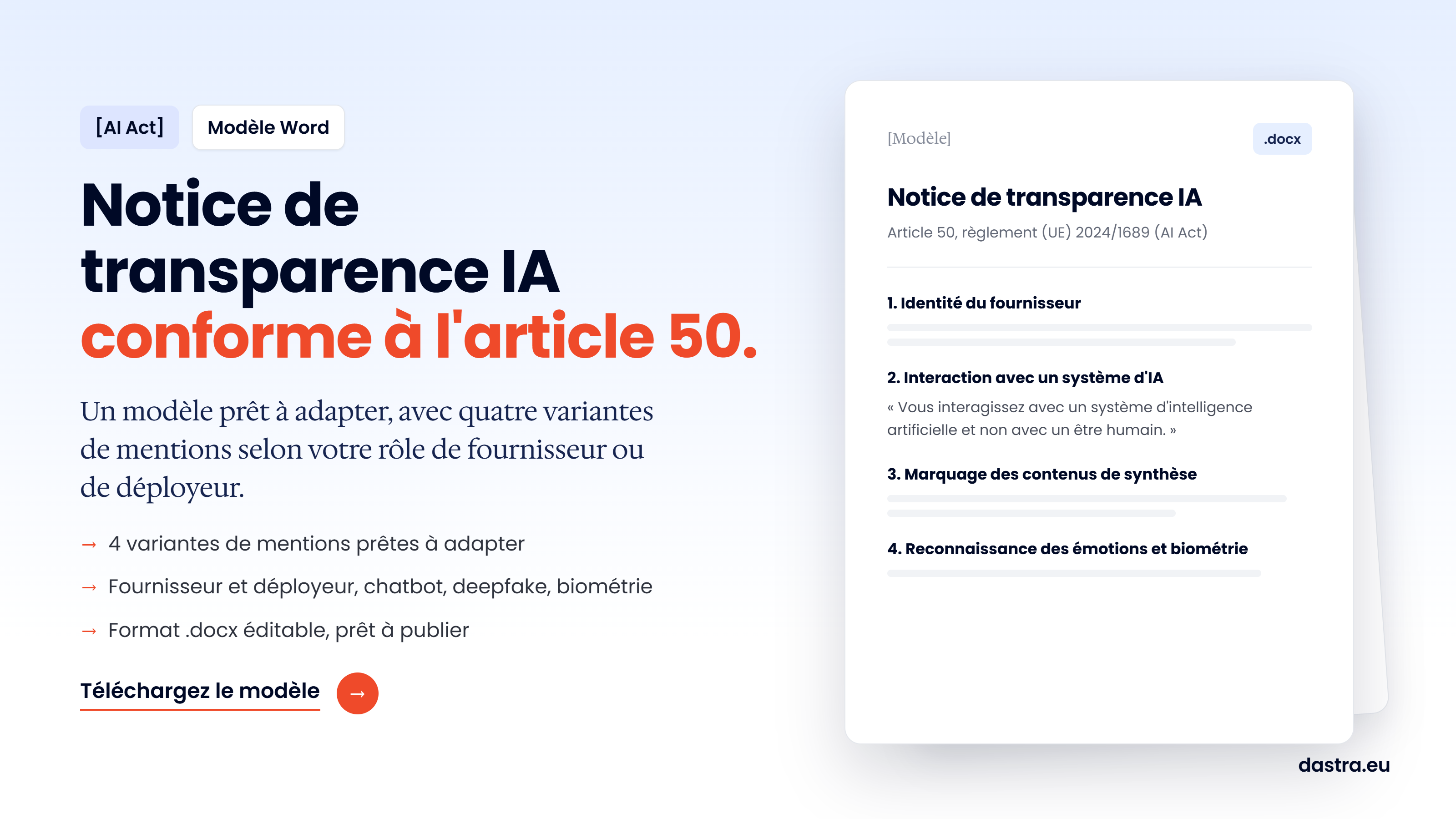 Modèle de notice de transparence IA (AI Act) au format Word conforme à l'article 50